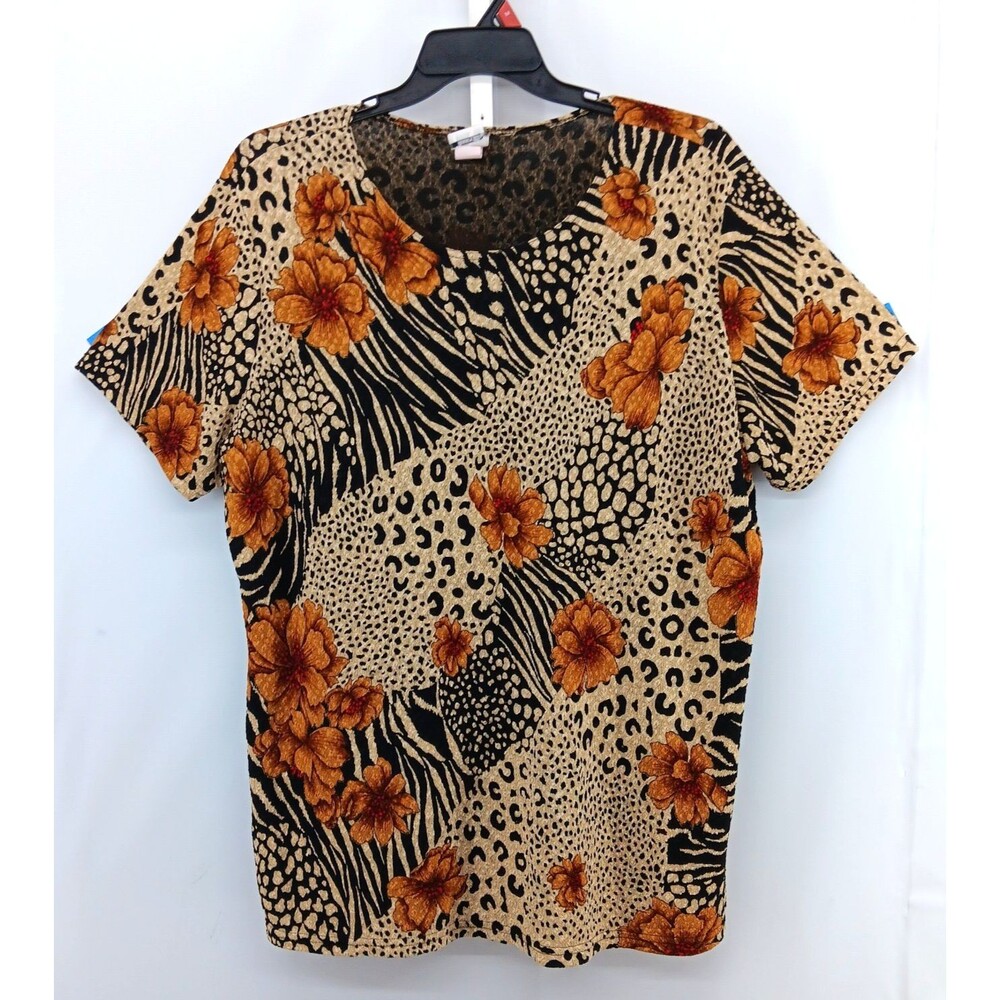 Roamans Blouse Women Size 2X Animal Print Floral Short Sleeve Round Neck Top